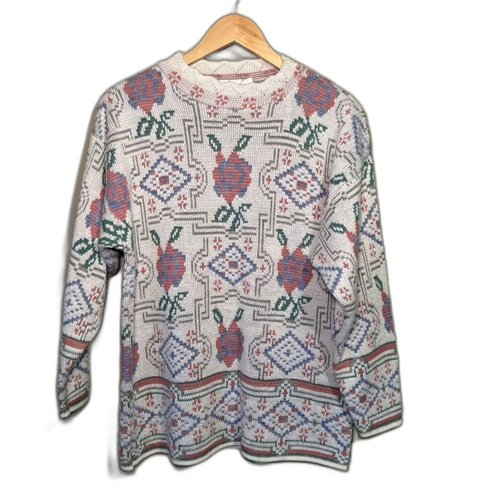 Vtg Colter Bay Rose Tapestry Knit Grandma Pullover Sweater Made In USA-Medium